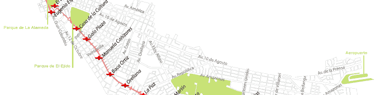 Ecovia Quito Map, Stations and atractions in the Quito Tourism District at Mariscal and Carolina area