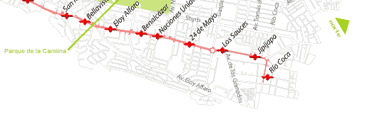 Ecovia Quito Map, Stations and atractions in the Quito northeast area, near malls and luxury hotels
